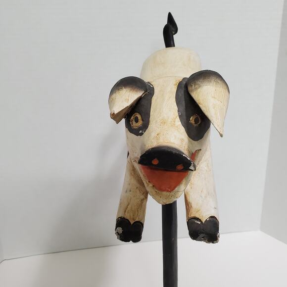 Set of 2 Flying Pig & Cow Jumped Over Moon Carved Wood Figurines Folk Art Vtg? - Picture 9 of 16